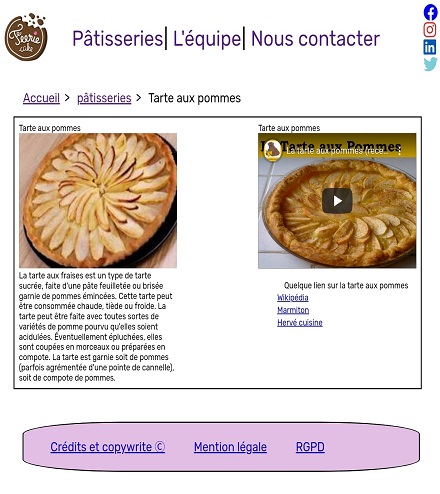 page pour commander des pâtisseries